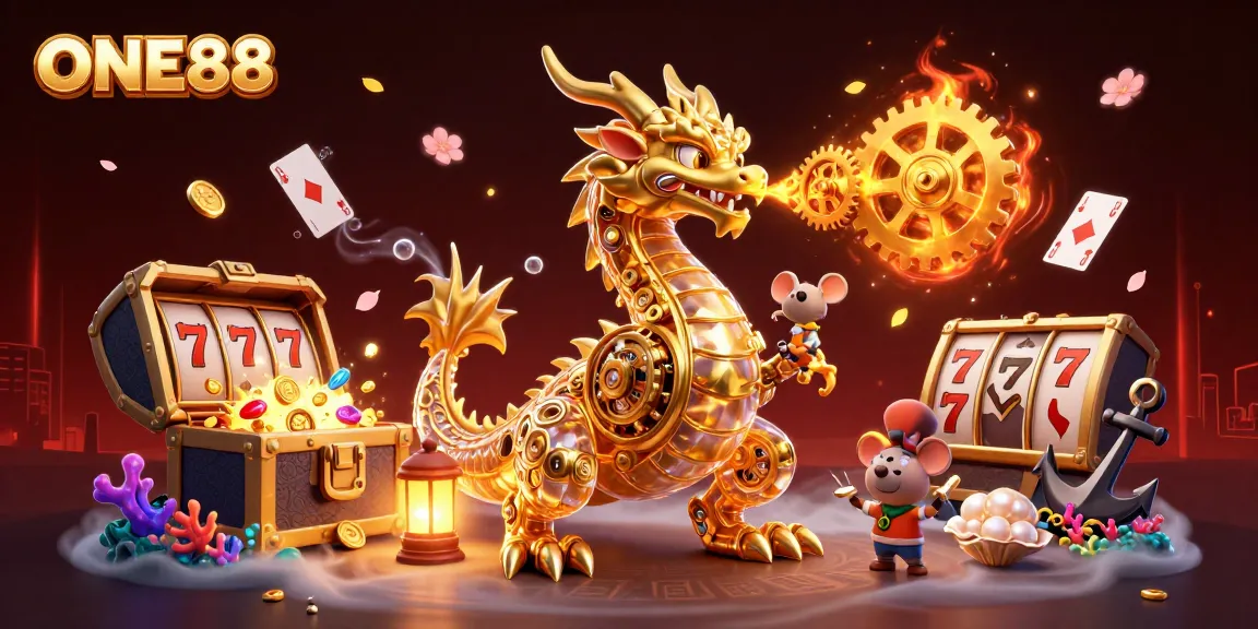 ONE88 offers immersive gaming adventures, showcasing a golden dragon amidst exciting slot elements and gold treasure.