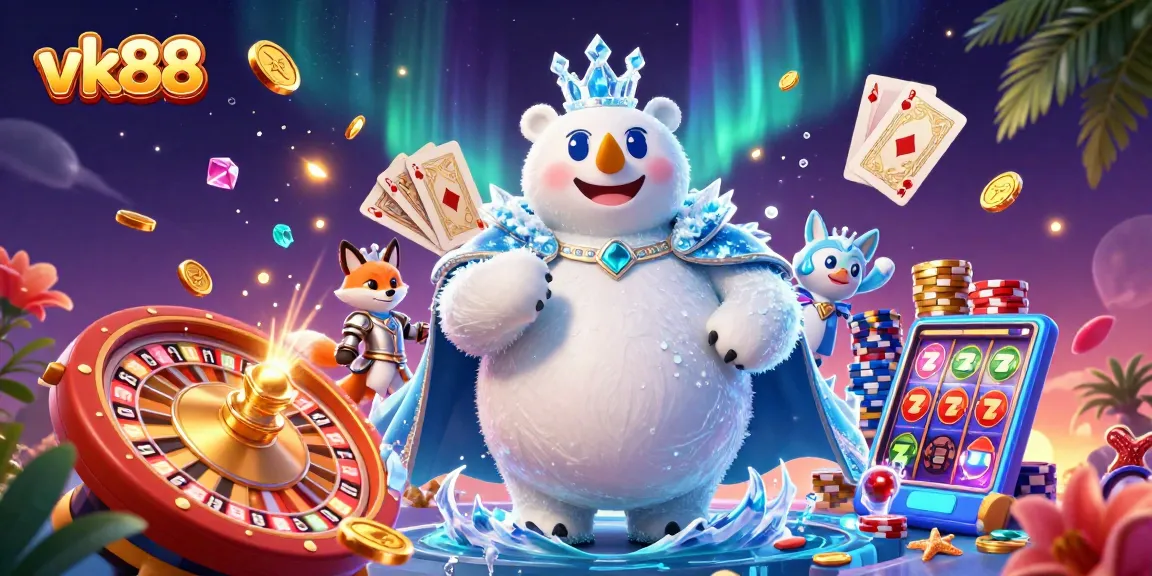 Experience thrilling jackpots with vk88’s stunning casino-themed illustration boasting vibrant colors and dynamic gaming elements.
