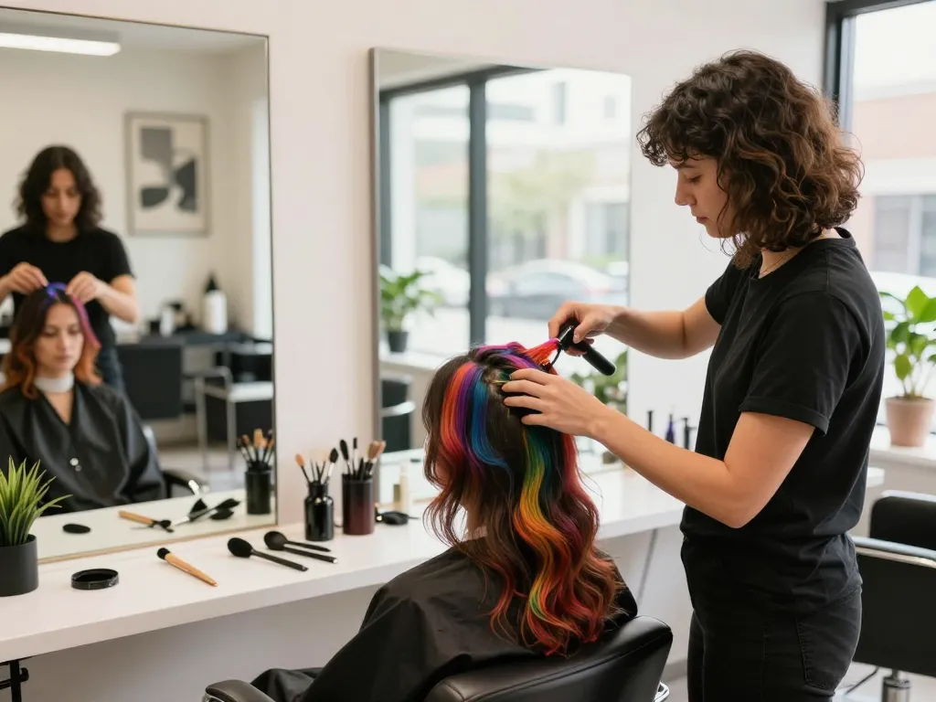 Kapper in de buurt kapsalon scène met stylist die kleur aanbrengt, heldere aanrecht en een uitnodigende sfeer.