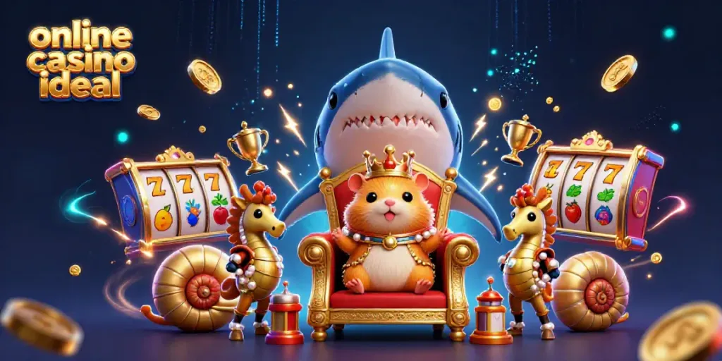 Experience the excitement of online casino ideal with a dynamic 3D illustration showcasing vibrant characters and spinning reels.