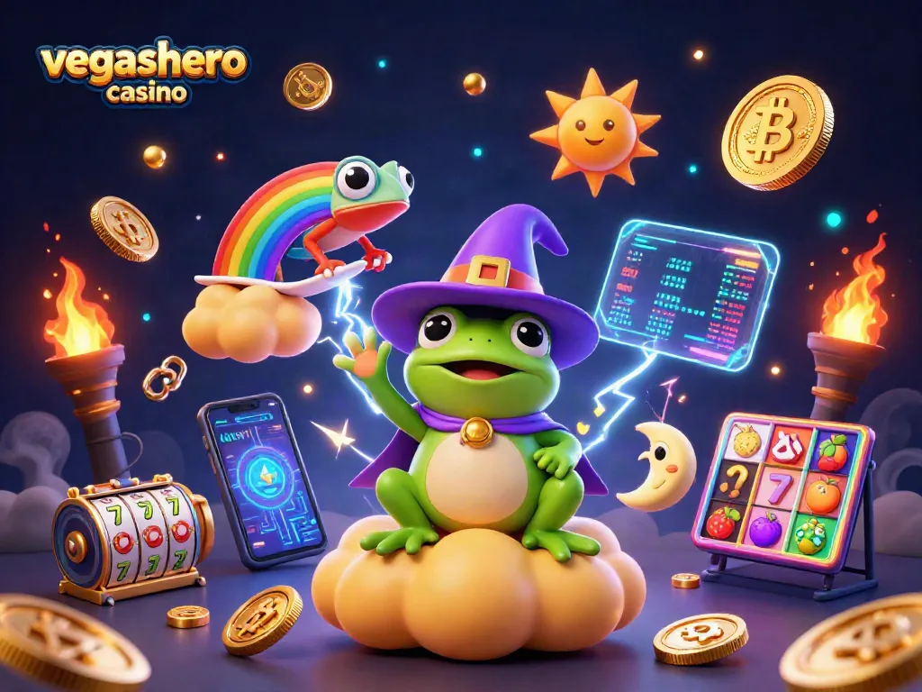 Experience vibrant gameplay at vegashero casino with cartoon characters amidst a storm of gold and crypto elements.