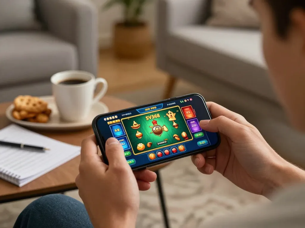 Engaging with the SV368 casino app on smartphone, showcasing a relaxed home gaming environment.