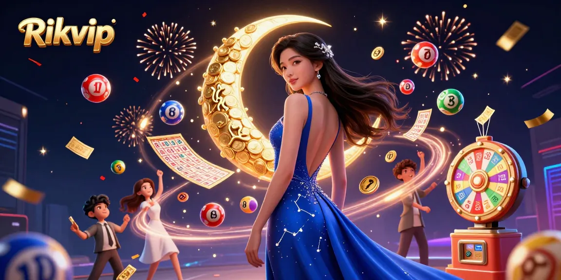 Engage with Rizvip lottery excitement through this vibrant 3D illustration filled with dynamic game elements.