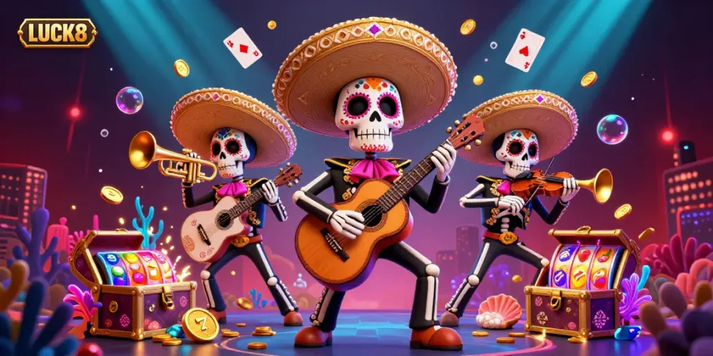 Experience exhilarating moments with LUCK8, featuring a vibrant mariachi band amidst rich casino-themed elements.