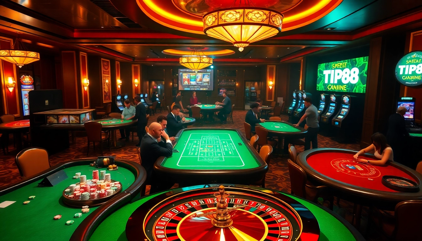 Explore the dynamic gambling experience at TIP88, featuring roulette, poker, and lively players.
