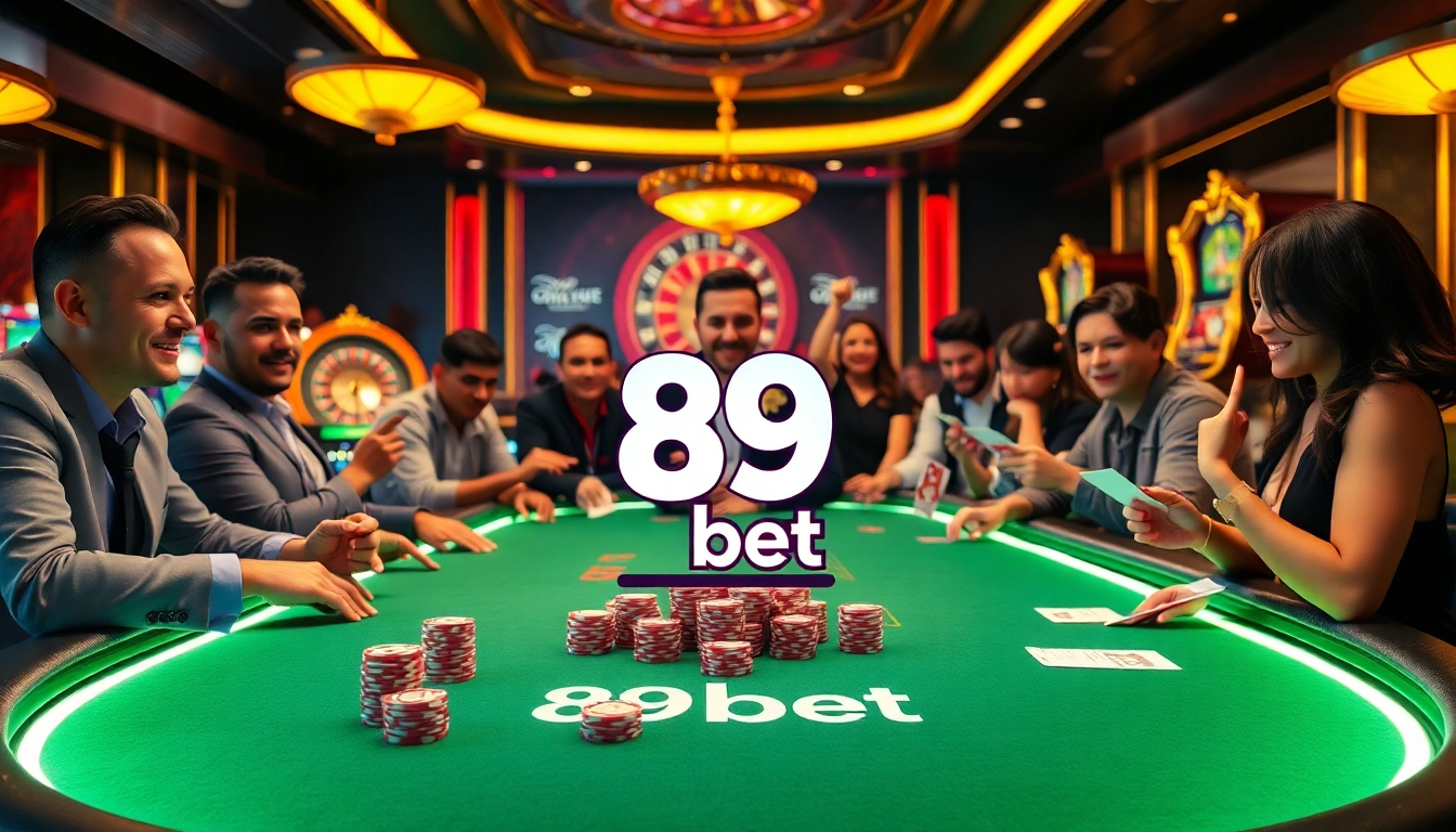 Players enjoying a thrilling game at the 89 bet poker table in a vibrant casino atmosphere.