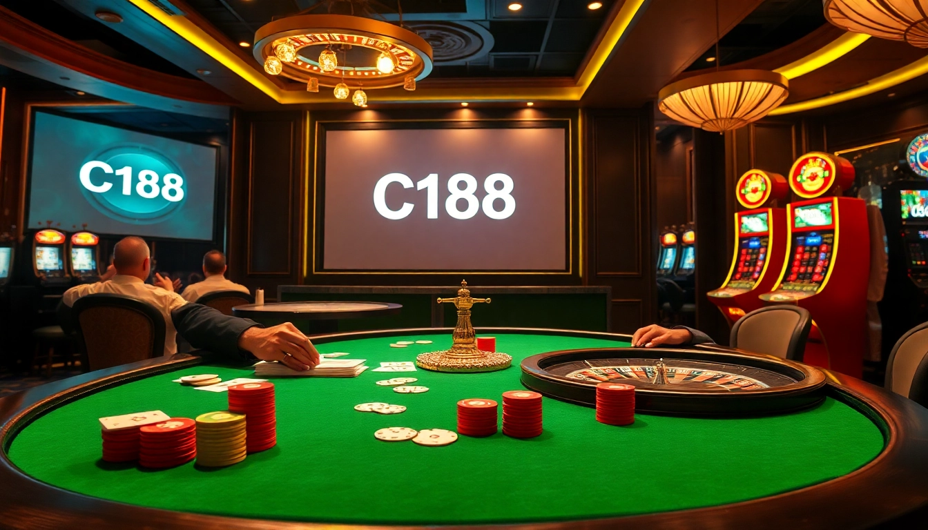 C168 casino scene with poker players, roulette wheel, and vibrant slot machines.