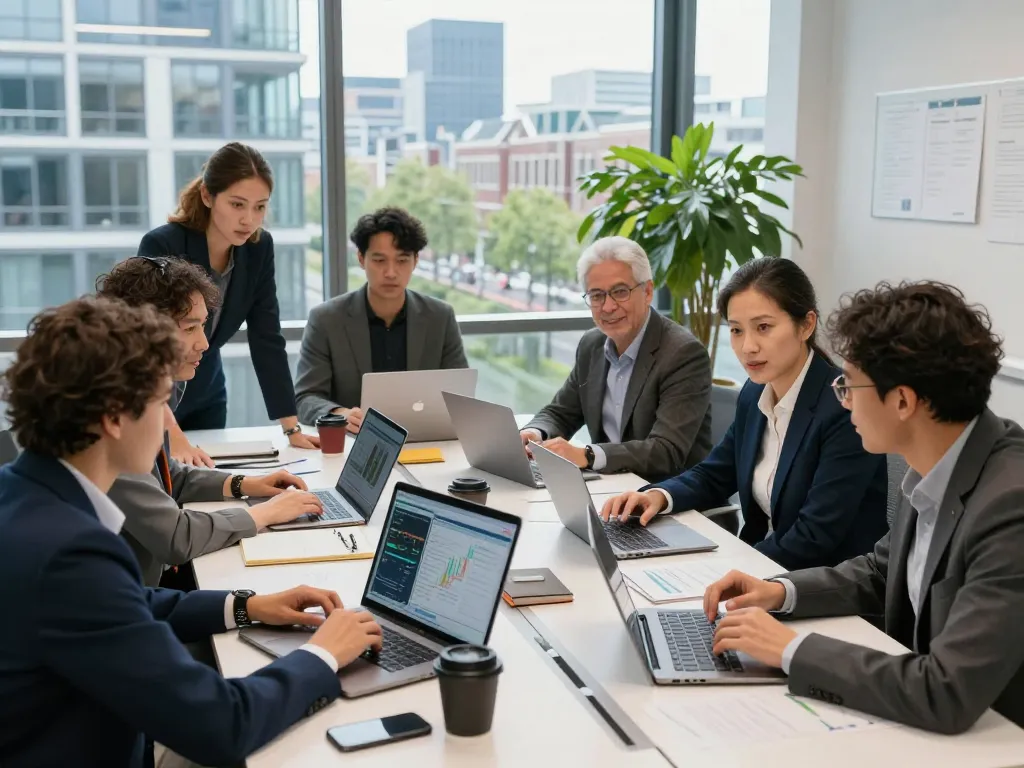 Samenwerking tussen bedrijven in Utrecht professionals, die een dynamische kantooromgeving met data-analyse en teamwerk toont.