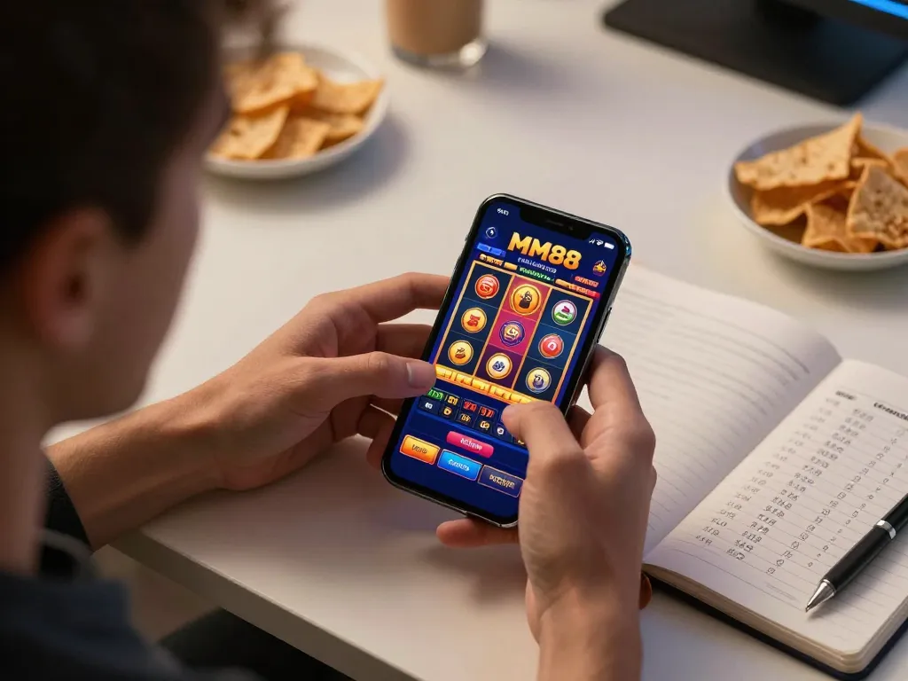Engaging with the MM88 casino app while strategizing betting options in a cozy home setting.