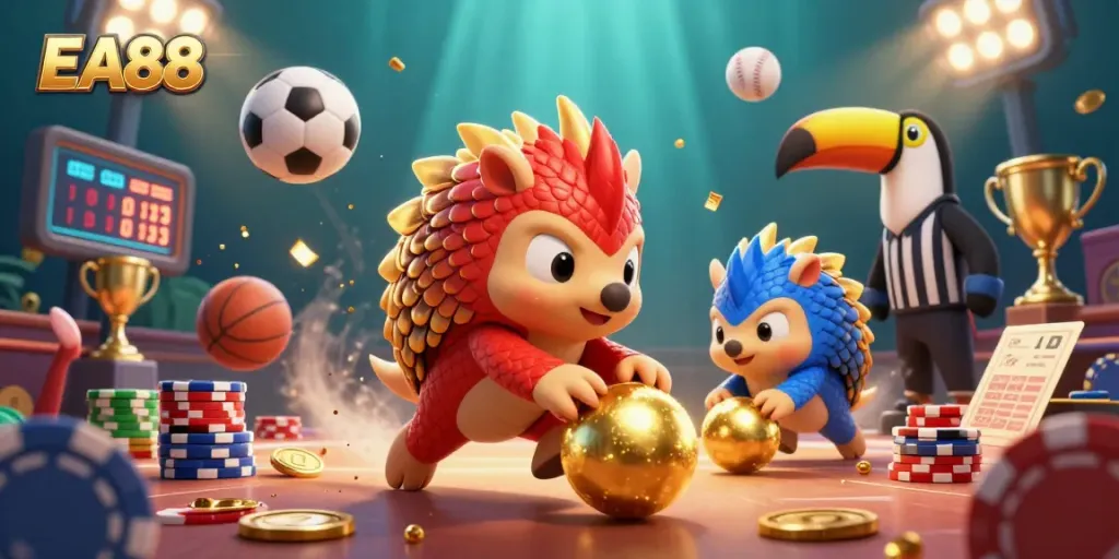 Experience the excitement of EA88 as rival pangolins roll through poker chips in a vibrant casino-themed 3D illustration.