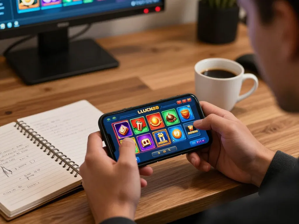 Người chơi tương tác với ứng dụng casino LUCK8 trên smartphone trong một văn phòng tại nhà ấm cúng.