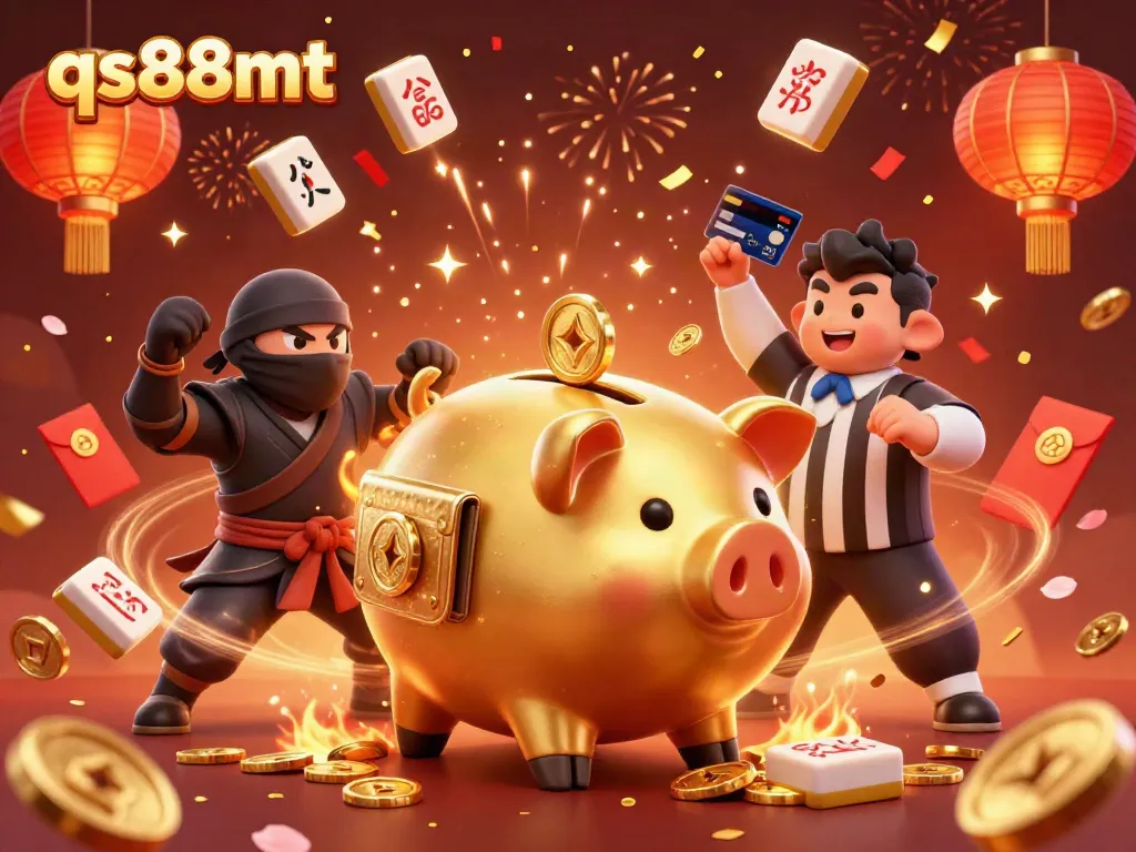 Experience qs88mt's casino excitement with a sumo wrestler surrounded by gold coins and festive elements.
