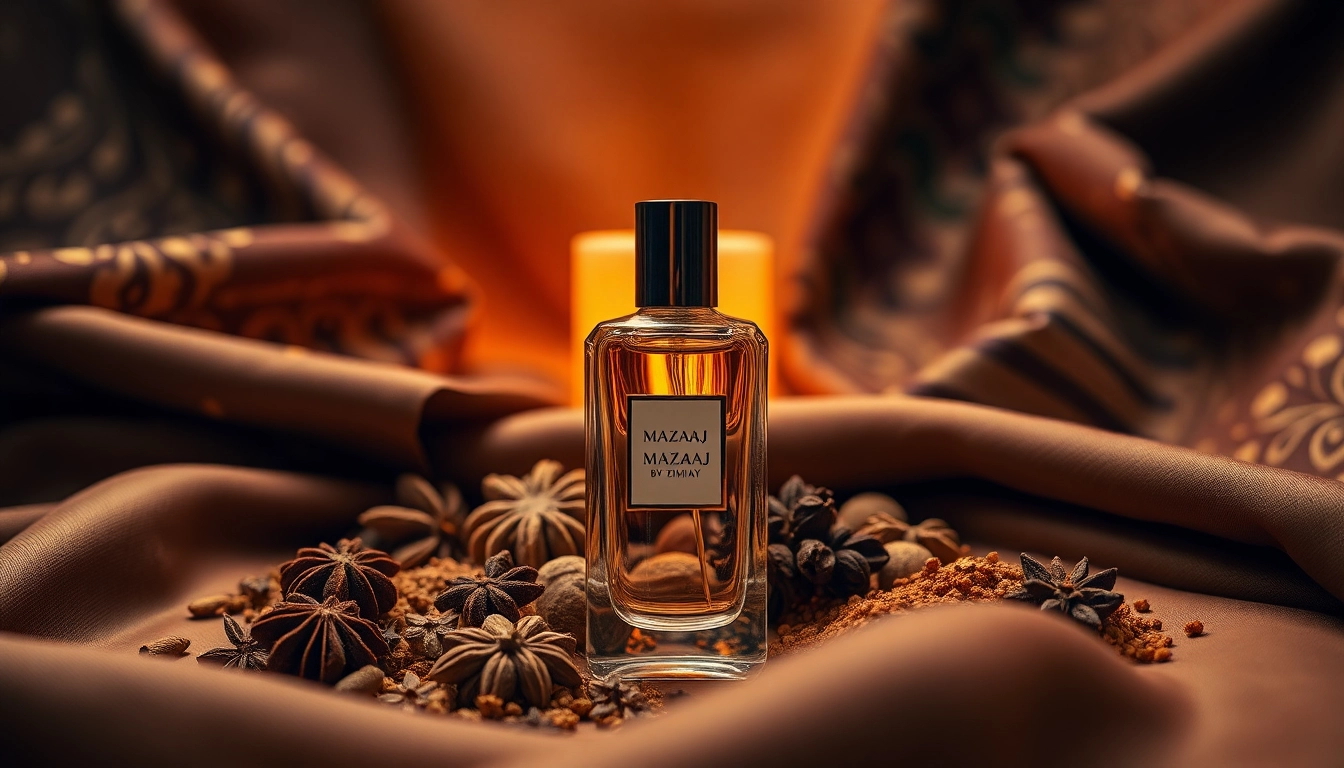 Mazaaj Rhythm by Zimaya fragrance bottle surrounded by rich spices, creating an inviting and luxurious aroma.