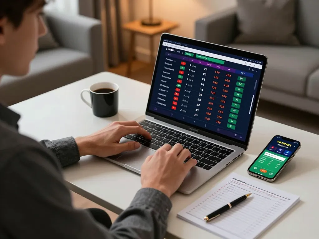 Engaging in online betting on Website Sky88 with live odds and strategic notes in a modern home.