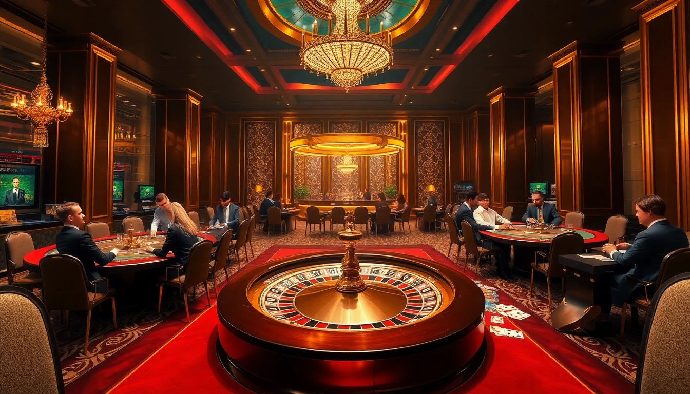High-stakes players enjoying roulette and poker at https://fc88e.com/ in an elegant casino setting.