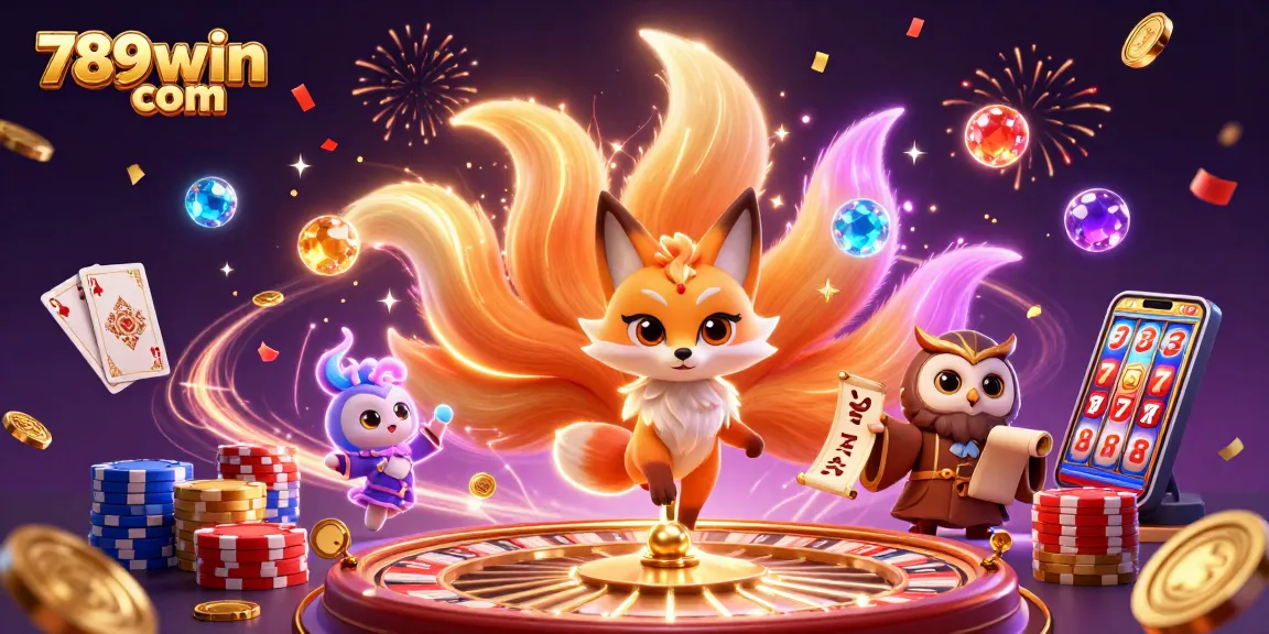 Engage with the vibrant 789win com casino scene featuring a magic fox, wise owl, and glowing orbs.