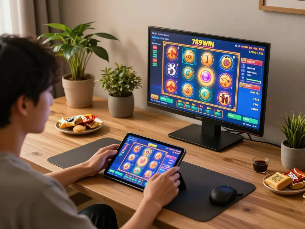 Player enjoying 789WIN online slots on a tablet in a cozy home setting