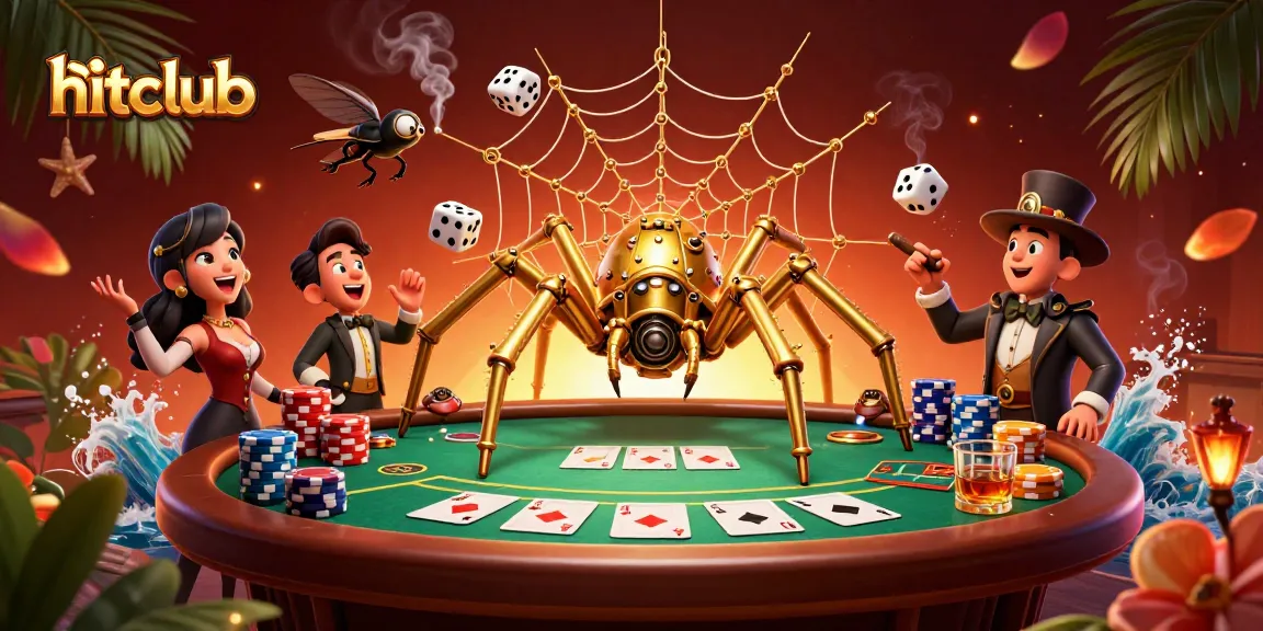 Engage with hitclub's thrilling atmosphere, as a steampunk spider weaves golden chains in a vibrant casino setting.