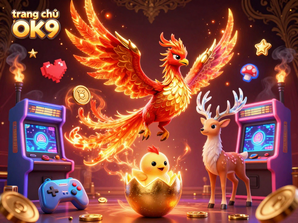 Engage with the vibrant scene at trang chủ ok9 featuring games and a phoenix in a dynamic casino illustration.