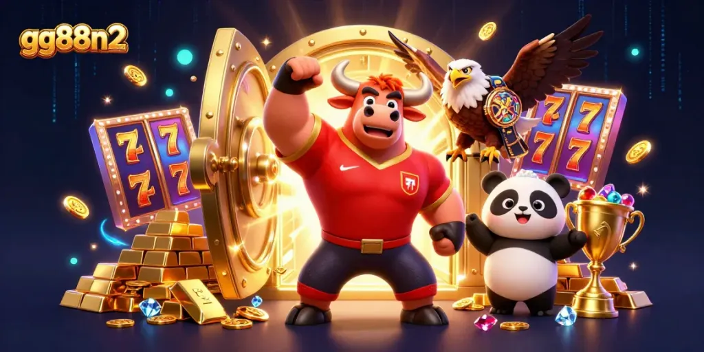 Experience excitement at gg88n2 with a dynamic casino scene featuring gold treasures and cartoon mascots.