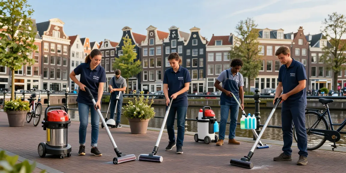 Schoonmaakbedrijf Amsterdam team in actie, efficiënt schoonmaken van een commercieel pand met moderne apparatuur.