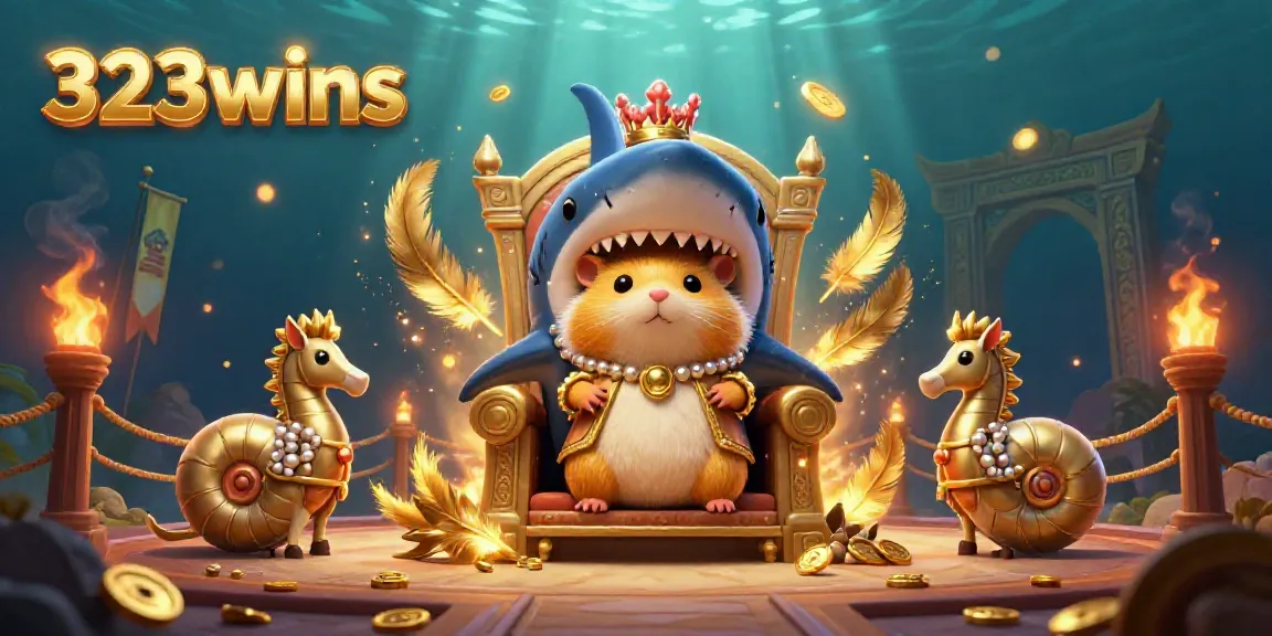 Engaging scene with 323wins in a vibrant underwater casino with a hamster king and mystical creatures.