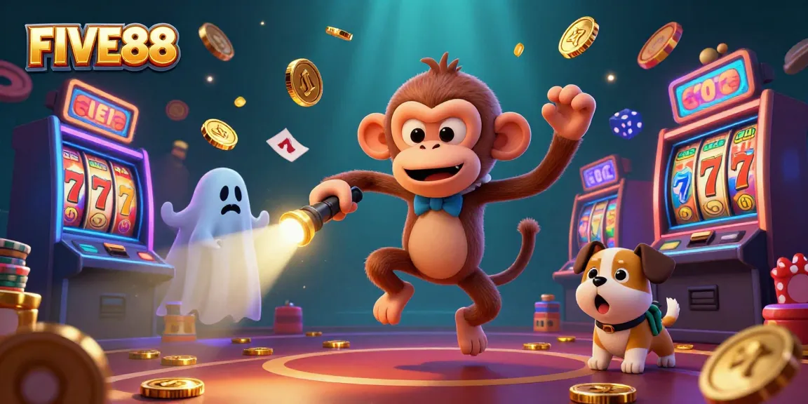 Experience the thrill of FIVE88 with a playful ghost-hunter tracking a mischievous monkey juggling golden coins in a casino.