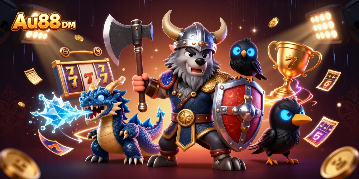 Engage with exciting slot games at Au88 DM, featuring a Viking wolf warrior and dynamic casino elements.