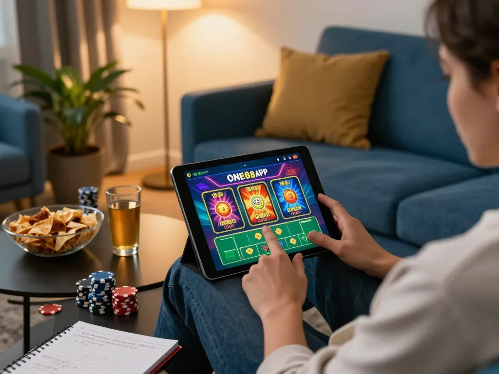 Engaging with the ONE88 APP for online slot gameplay in a cozy home setup.
