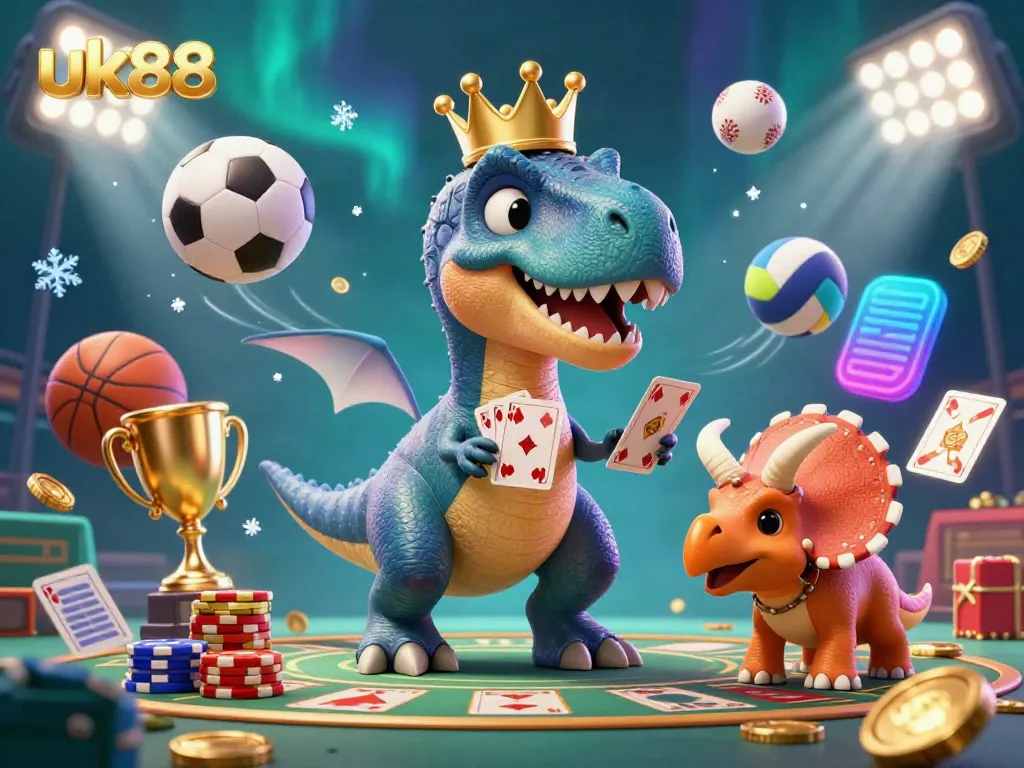 Engage with uk88's vibrant casino scene featuring a T-Rex, pterodactyl, and triceratops in playful action.