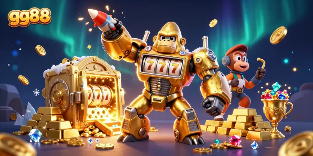 Experience the thrill of gg88 with a golden gorilla mech, symbolizing vibrant casino action and jackpot excitement.