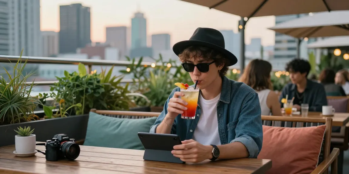 Youth enjoying vibrant drinks at a rooftop café in a modern urban scene, representing rokok88 lifestyle.