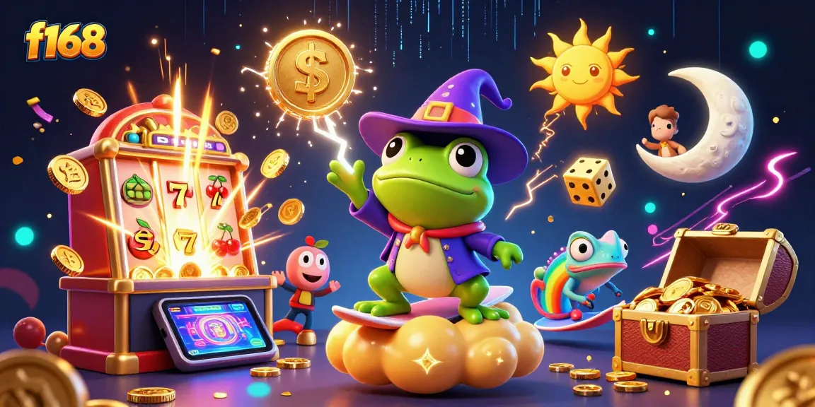 Experience the thrill of f168 with 3D cartoon characters amidst a jackpot explosion in this casino-themed illustration.