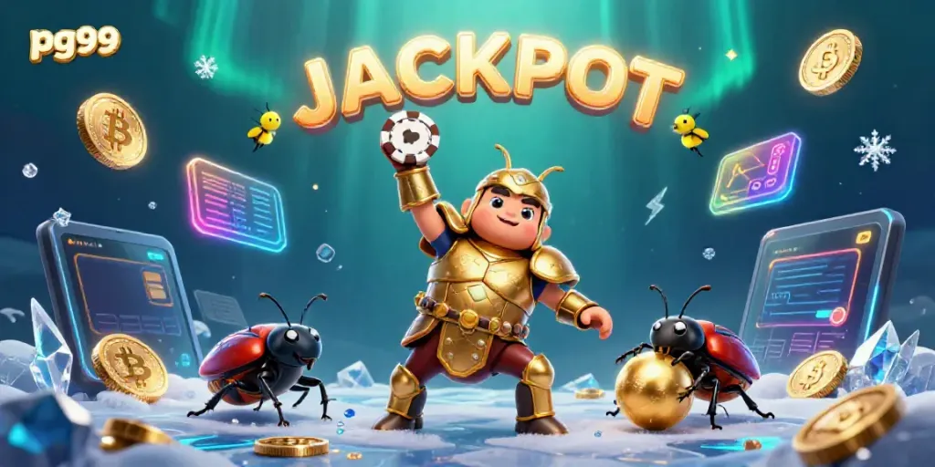 Experience exciting victories with pg99 through vibrant 3D illustration showcasing a jackpot celebration and winning characters.