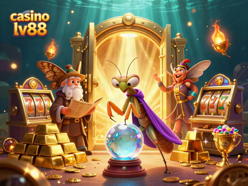 Experience the magic of casino lv88 with a fortune teller and treasures, in a vibrant 3D scene.