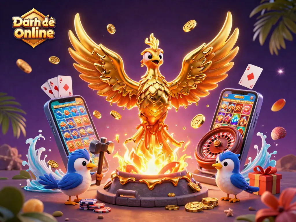 Engage in Đánh đề online with phoenix rising from gold and dynamic casino elements.