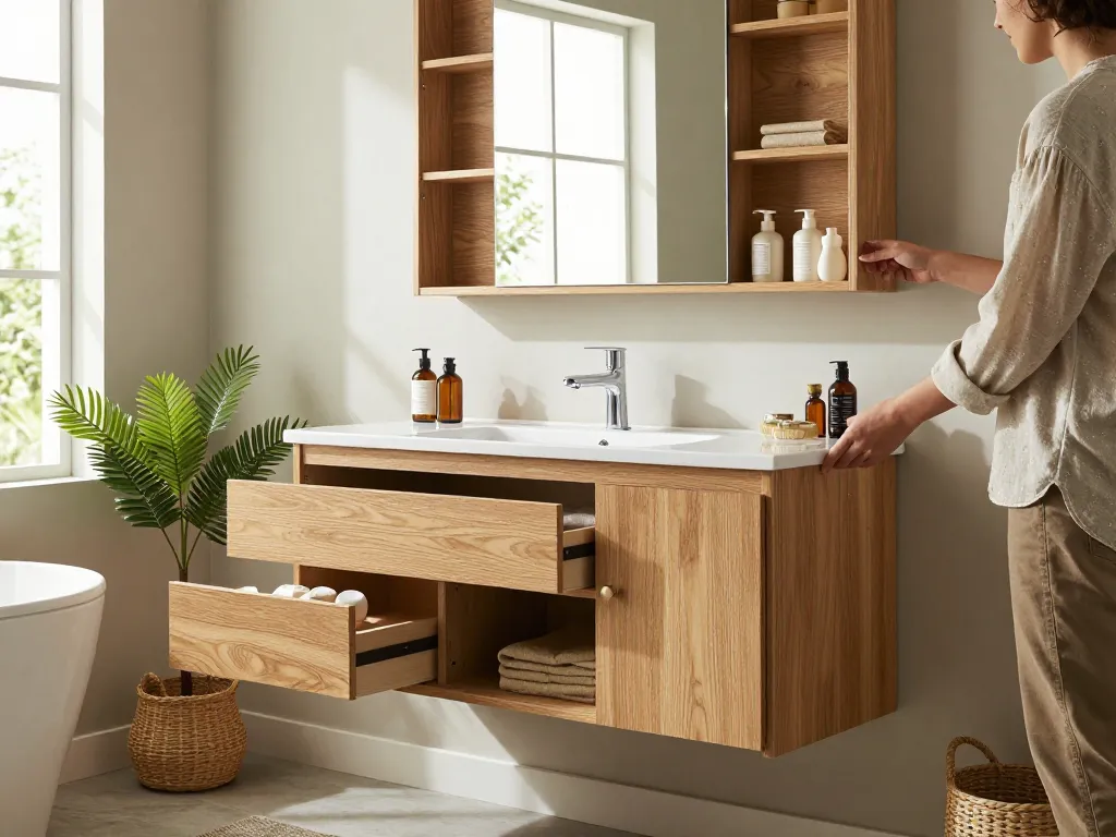 Stijlvolle badkamer kasten in een elegante badkameromgeving, met een ontwerp van natuurlijk eikenhout en georganiseerde toiletartikelen.