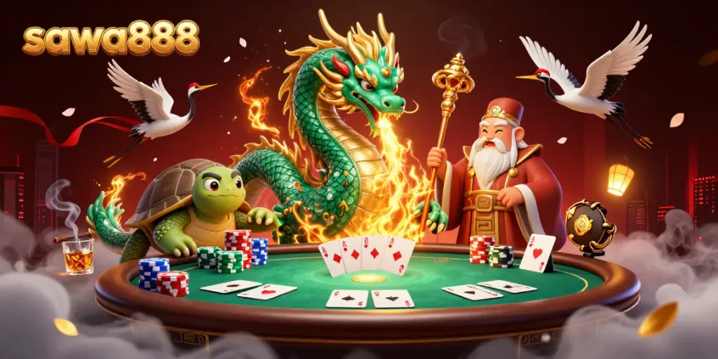 Spin thrilling slots with sawa888, featuring a dragon, turtles, and vibrant casino elements.
