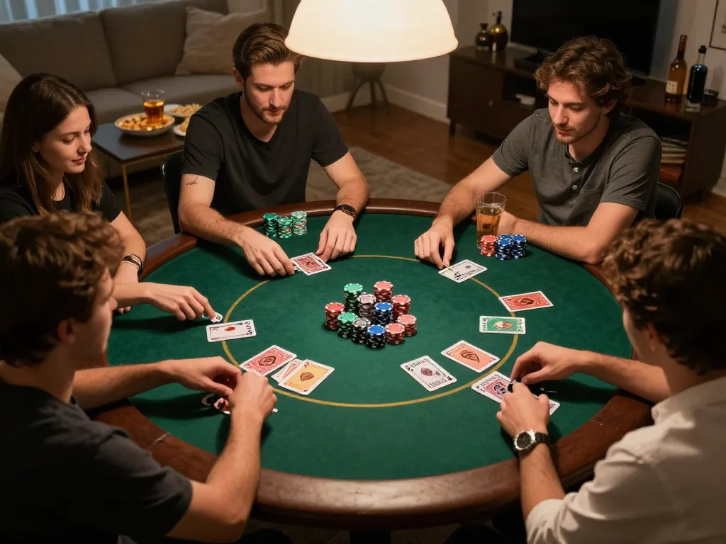 Players engaging in a friendly poker game at home, showcasing the social aspect of gaming on nk88.com with strategic gameplay elements.