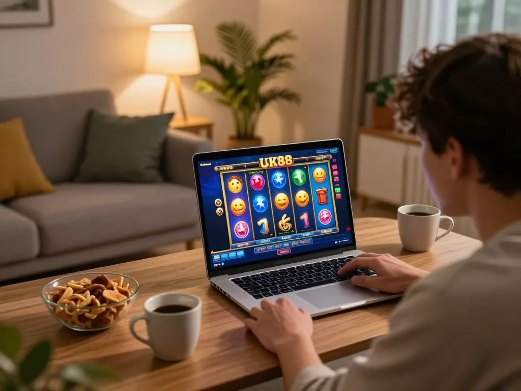 Engaging session with lucky 88 slot game on a laptop during cozy home gaming night.