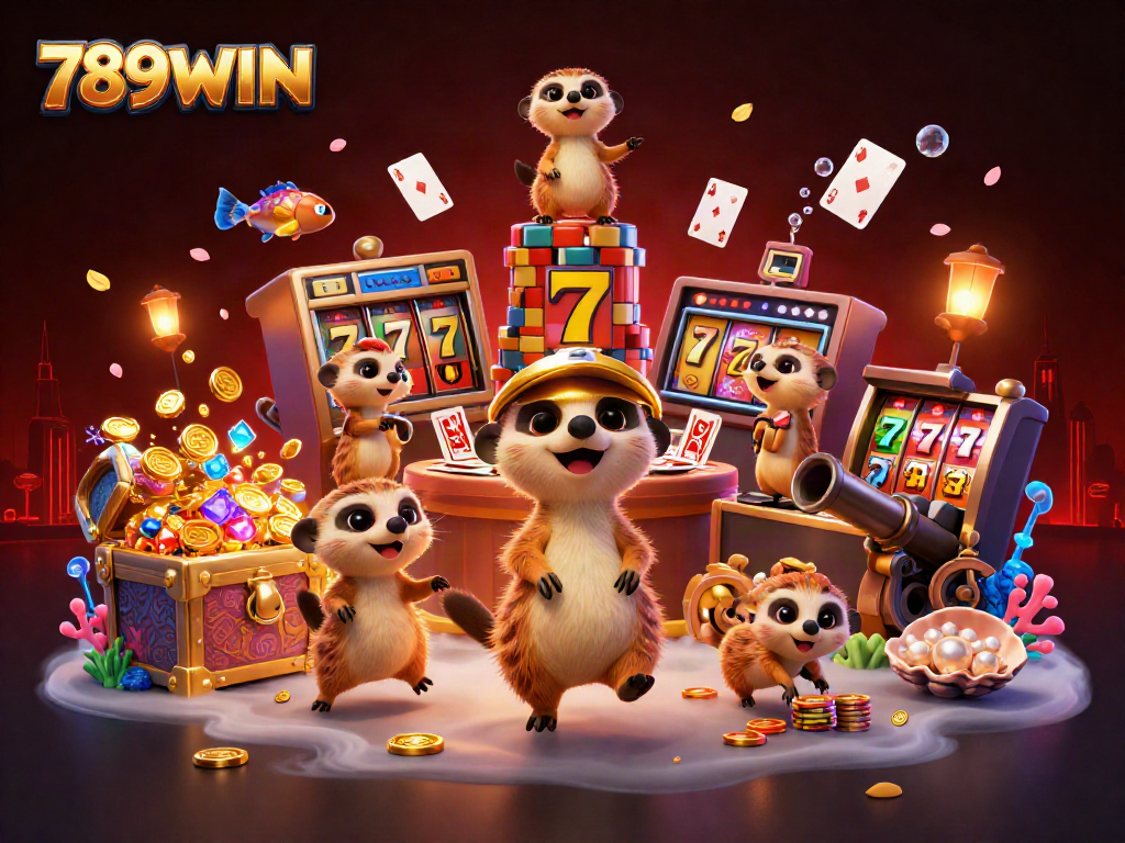 Engage with the vivid casino operation scene featuring 789WIN's lively meerkat characters and dynamic game elements.