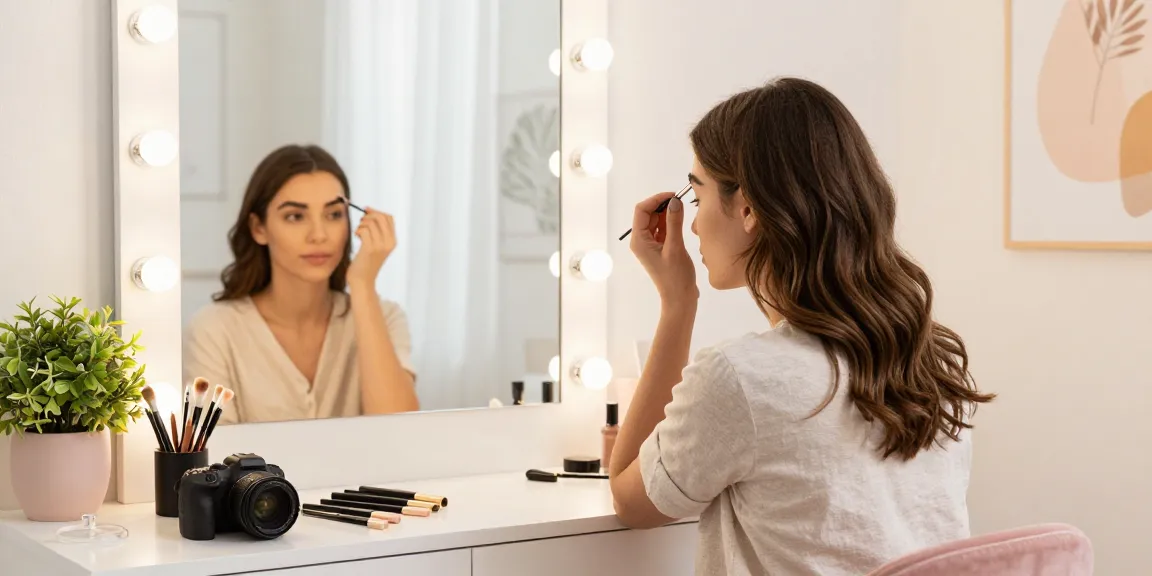 Jonge vrouw die powder brows aanbrengt in een chique schoonheidssalon, met make-uptools en warme verlichting.