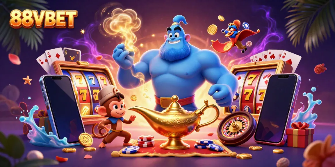 Experience the excitement of 88VBET with 3D illustrations of a genie, monkey, and poker elements.