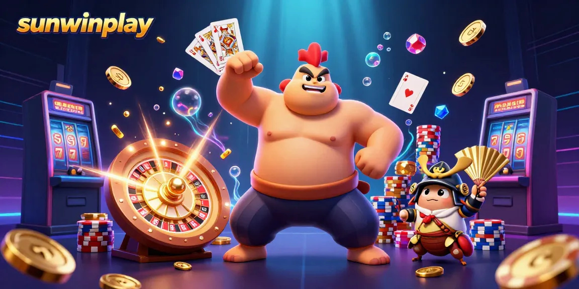 Experience excitement at sunwinplay with a powerful sumo wrestler cartoon surrounded by casino elements