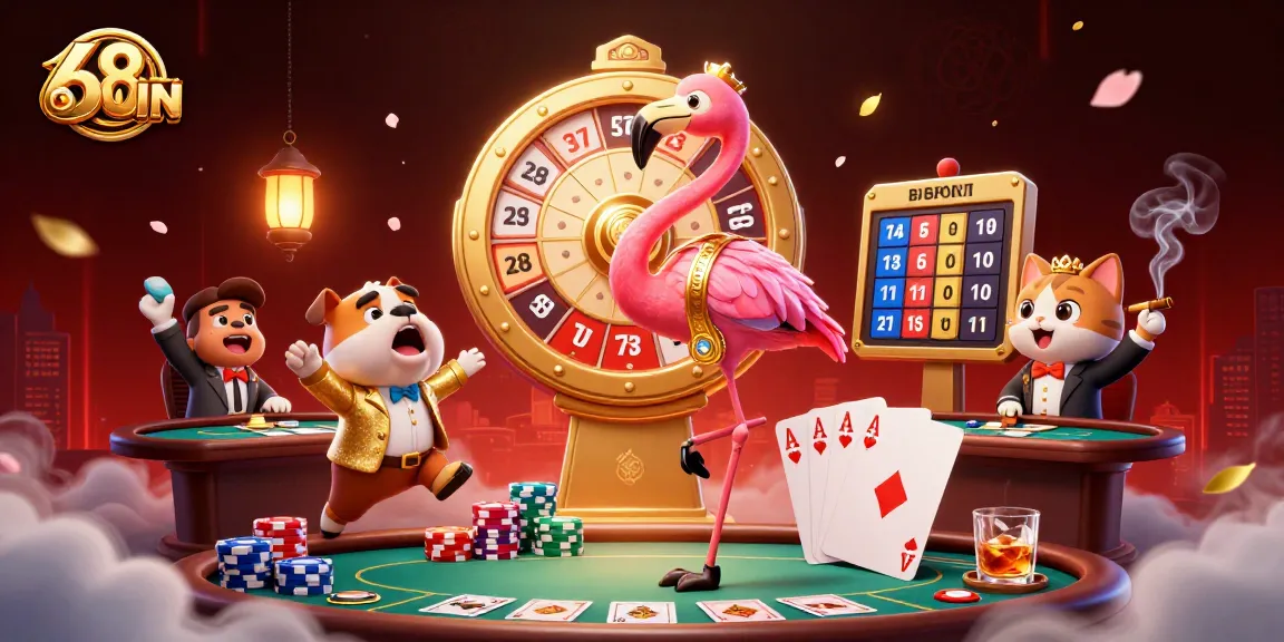 Experience the thrilling atmosphere of 68WIN casino with a flamingo host and exciting game elements.