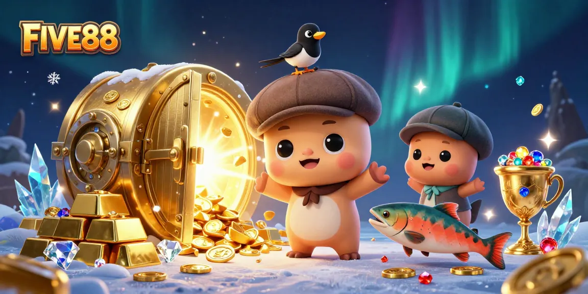 Engage in the excitement of FIVE88 casino with a vibrant illustration showcasing treasure, characters, and dynamic gameplay.