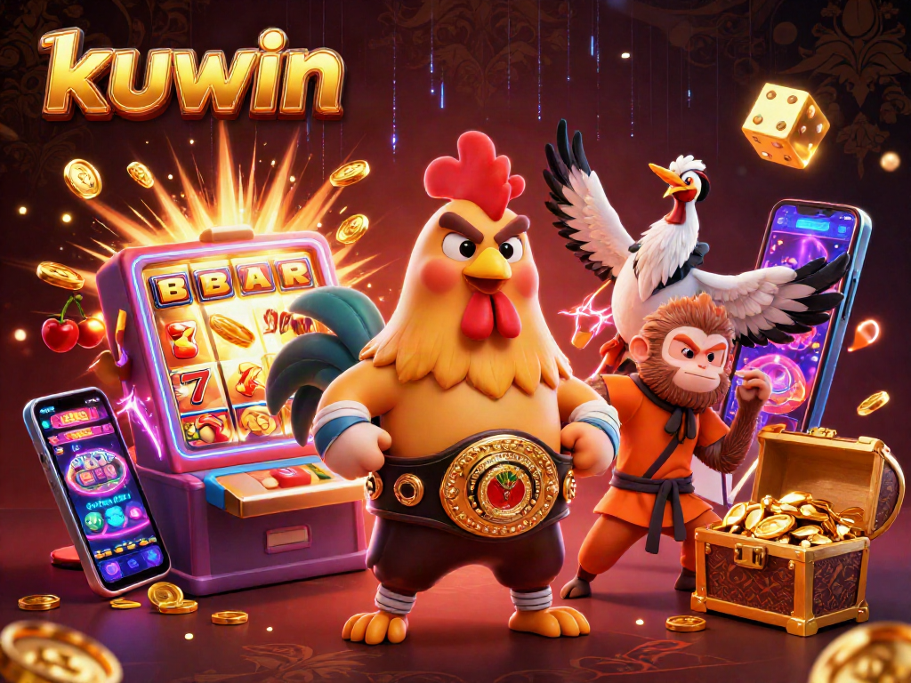 Kuwin's vibrant scene showcasing a Muay Thai rooster, martial artists, and slot machines with dynamic casino elements.