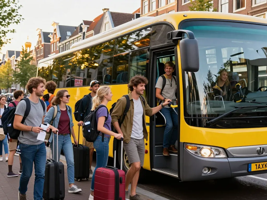 Taxi bus in Amsterdam met reizigers die instappen en genieten van hun reis.
