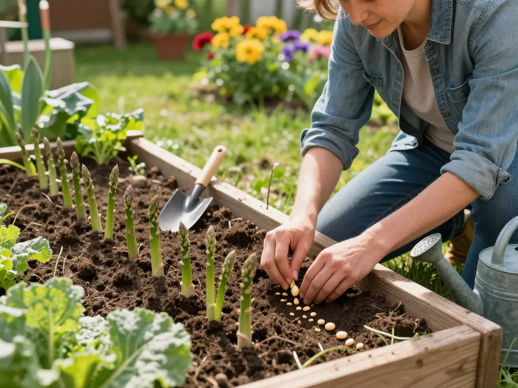 Groene asperges zaaien in a spring garden with a gardener, showcasing growth and nurturing.