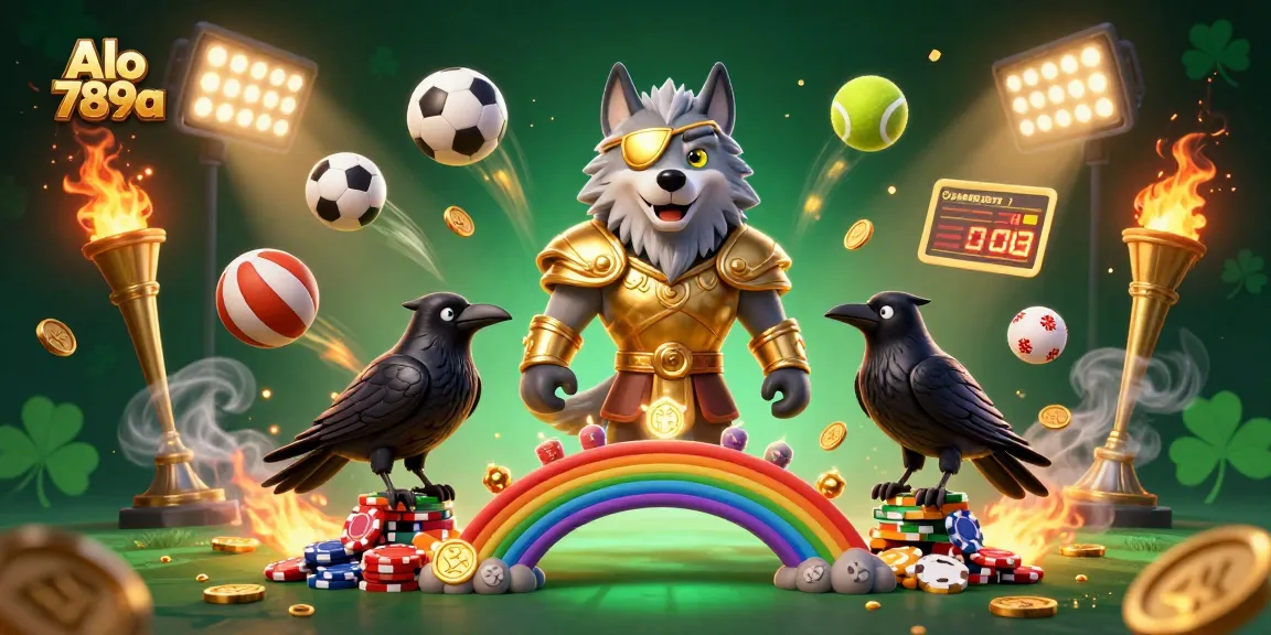 Alo 789a showcases an exhilarating scene of Odin wolf and ravens amidst vibrant casino elements, perfect for online gambling.